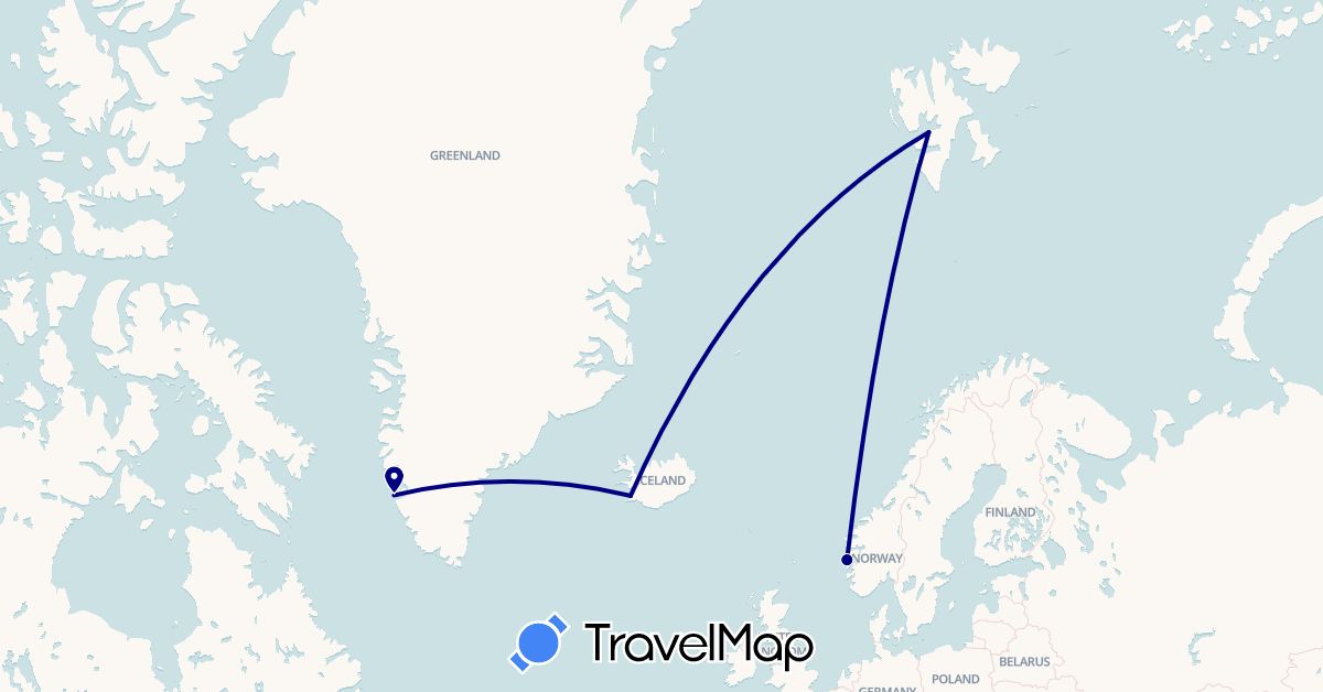 TravelMap itinerary: driving in Greenland, Iceland, Norway (Europe, North America)